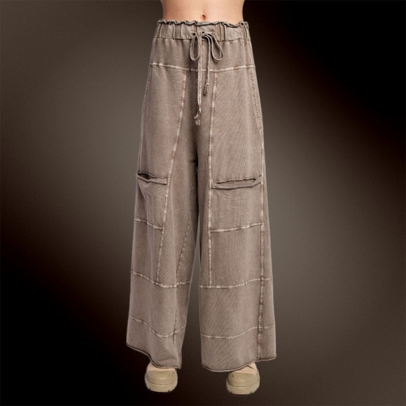 EASEL "Select Comfort" Premium Mineral Washed Wide Leg Pants Raw Hem Seam Detail - Picture 6 of 16